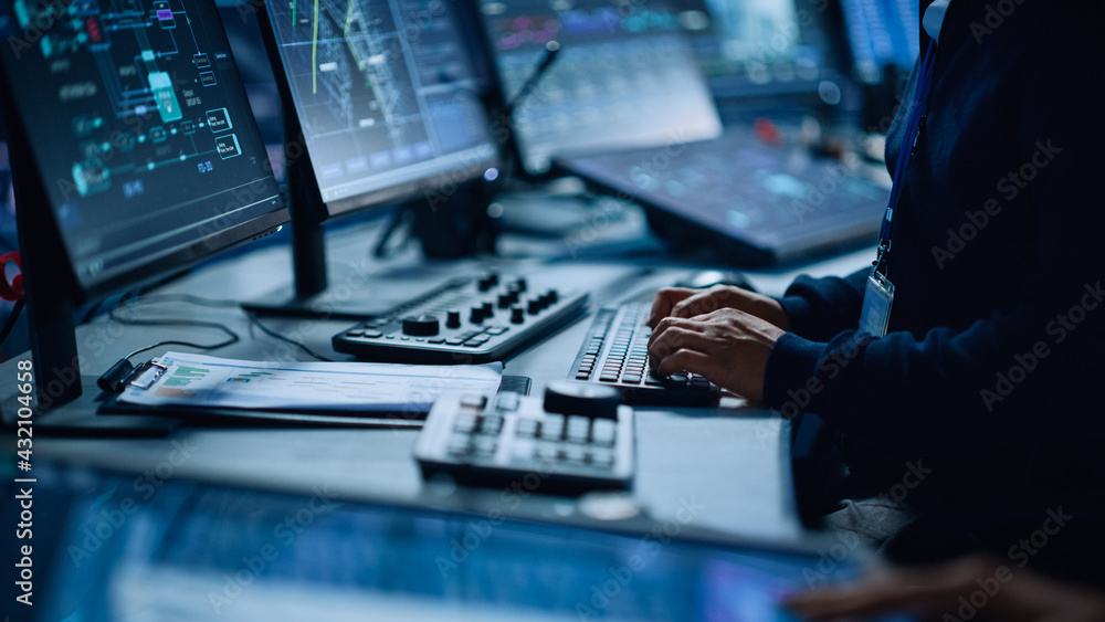 Poster Close Up of a Professional Office Specialist Working on Desktop Computer in Modern Technological Monitoring Control Room with Digital Screens. Manager Typing on keyboard and Using Mouse.