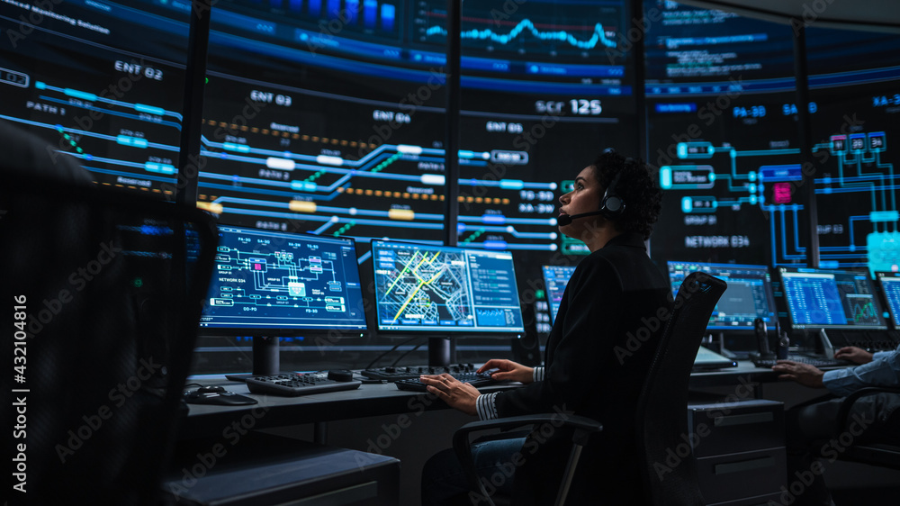 Poster Professional IT Technical Support Specialists and Software Programmer Working on Computers in Monitoring Control Room with Digital Screens with Server Data, Blockchain Network and Surveillance Maps. 