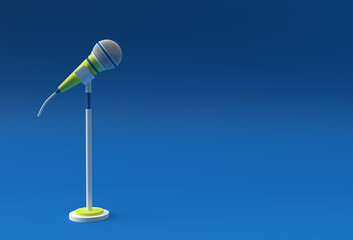 3D Render Retro microphone on short leg and stand, music award model template, karaoke, radio and recording studio sound equipment.