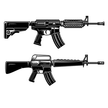 Set of Illustration of american automatic assault rifle. Design element for logo, label, sign, emblem, poster. Vector illustration