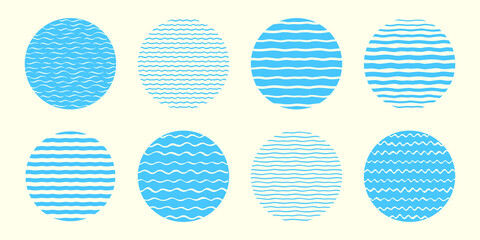 Round sea, water backgrounds set, collection. Doodle hand drawn waves, wavy stripes, curved streaks, uneven bars, lines patterns. Circle shape border, frame templates. Marine, summer design elements.