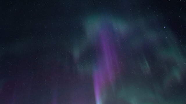 Beautiful straight Aurora Borealis - bright green magenta and purple vertical light stripes on clear without clouds starry black night sky. A lot of real stars seen in Northern hemisphere, cold winter
