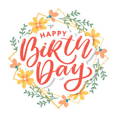 Beautiful happy birthday greeting card with flowers and bird. Vector party invitation with floral elements.