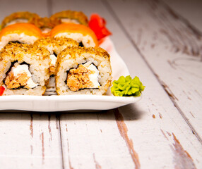 Shui rolls on a white plate close-up, copy space, template