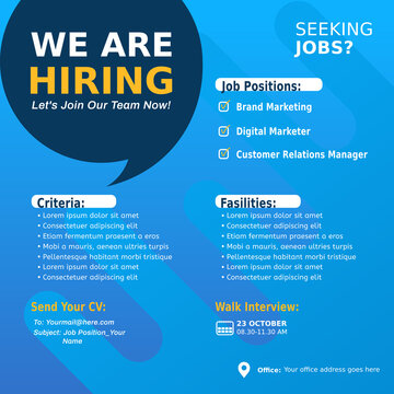 Job recruitment design for companies. Square social media post layout. We are hiring banner, poster, flyer, background template