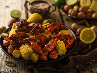 Dish of potato and corn crayfish. Seafood