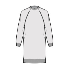 Fisherman dress Sweater technical fashion illustration with rib crewneck, long raglan sleeves, hip length, knit trim. Flat jumper apparel front, grey color style. Women men unisex CAD mockup