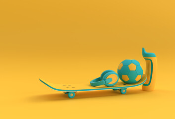 3D Render Illustration Skateboards with Football and Headphones isolated on Color stears Background