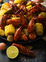 Dish of potato and corn crayfish. Seafood