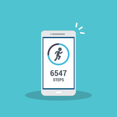 Fitness tracking app on mobile phone. Run tracker, walk steps counter. Vector illustration