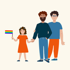 Parents a couple of men with a daughter LGBT family. Fatherhood, care in marriage. Same-sex couples, their equality, gay, lesbian, transgender. Vector illustration