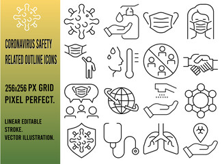 Set of 16 Coronavirus Safety Related Outline icons. Contains such icons as virus, washing Hands, people wearing face mask and more. Editable stroke. Vector 256x256 Pixel perfect.
