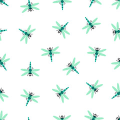 seamless pattern with cartoon dragonfly on white