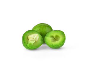 Chebulic Myrobalans, Myrolan Wood (Terminalia chebula Retz.) Fruit, medicinal properties. isolated on white background.