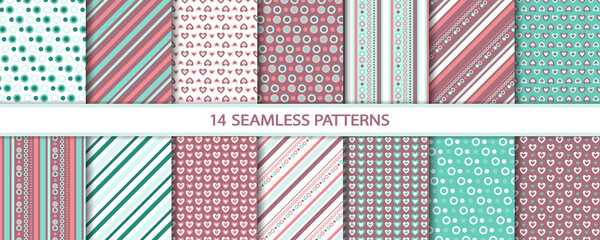 Big set of decorative seamless patterns of different geometric forms and hearts. Abstract diagonal lines, circles, stripes, polka dots. Endless repeat vector illustration for wallpaper, wrapping paper