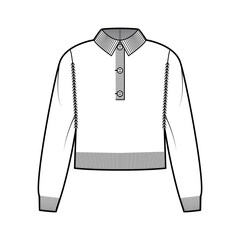 Polo cropped Sweater technical fashion illustration with rib henley neck, classic collar, long sleeves, relax fit, waist length. Flat garment apparel front, white color style. Women, men CAD mockup