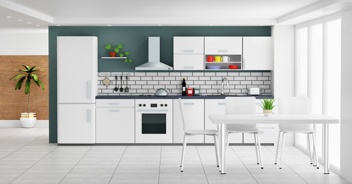 White modern kitchen interior  with window - 3d rendering