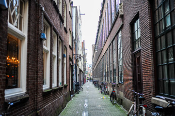 Old houses on street of Amsterdam.