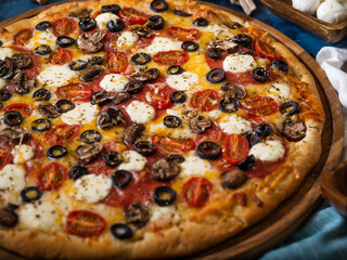Homemade pizza on a blue table with ingredients