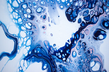 Acrylic pouring painting, deep blue paint texture, fluid art texture, blue and white paint cells, sea surface
