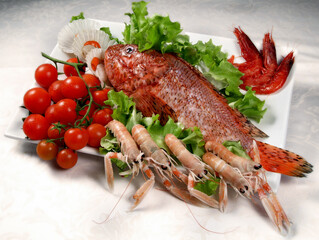 Tray of fish and shellfish 