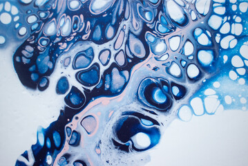 Acrylic pouring painting, deep blue paint texture, fluid art texture, blue and white paint cells, sea surface