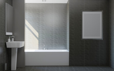 Scandinavian bathroom, classic  vintage interior design. 3D rendering. Blank paintings.  Mockup.