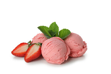 Balls of strawberry ice cream isolated on white background