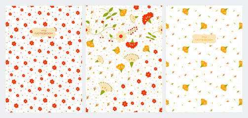 Set of notebook covers with flowers, leaves and berries. Warm, bright, comfort colors - red and yellow. Summer and vintage mood. A4 proportions. Patterns in swatches.