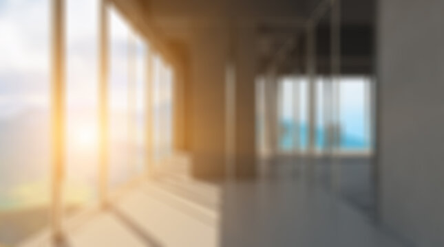 Unfocused, Blur phototography.  Modern meeting room. 3D rendering.. Sunset.