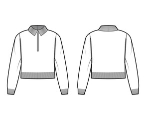 Cropped Zip-up Sweater technical fashion illustration with rib henley neck, classic collar, long raglan sleeves, knit trim. Flat apparel front, back, white color style. Women, men unisex CAD mockup