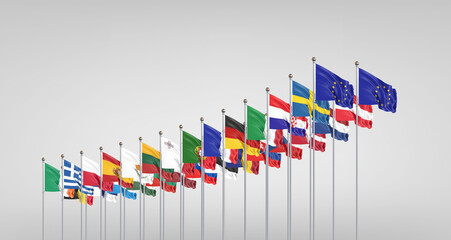 27 waving flags of countries of European Union (EU). Grey background. 3D illustration.