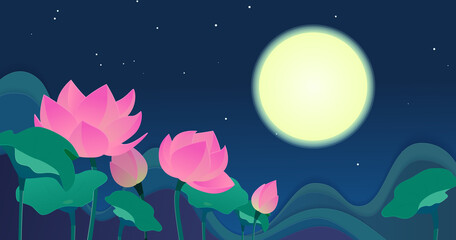 Lotus flowers against the night moon sky. Vector background.