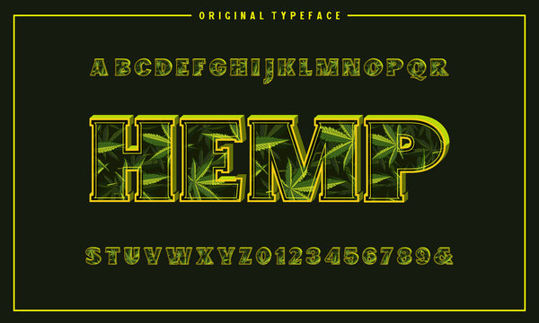 Original 3d font with rich and detailed texture. Marijuana leaves in the background. Vector letters and numbers
