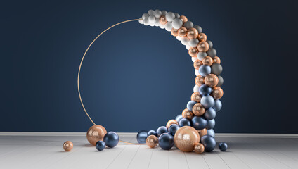 Balloon garland decoration elements. Frame arch for wedding, birthday, anniversary party celebration. Dark blue and gold banner background with round empty space. 3d render illustration.