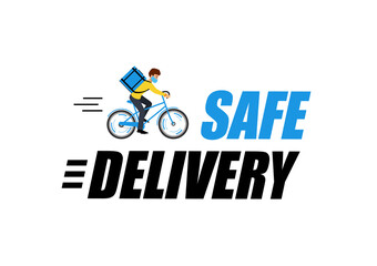 Set label with says Safe delivery. Blue banners with courier boy on bike.