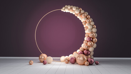 Balloon garland decoration elements. Frame arch for wedding, birthday, anniversary party celebration. Dark maroon and gold banner background with round empty space. 3d render illustration.