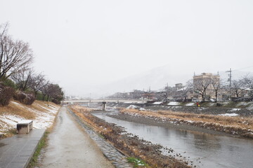 Winter Snow Kamogawa Kamoriver Riverside walkway 