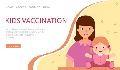 landing page Kids vaccination. Mom and child in medical clinic. Web site