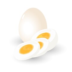 Soft boiled chicken whole and sliced eggs, egg white and yolk. Vector quick breakfast, protein and vitamins, healthy food, home cooking design. Isolated on white background