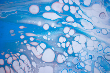 Bright blue paint texture, fluid art paint closeup, blue, pink and white abstract acrylic painting, water texture, acrylic pouring technique