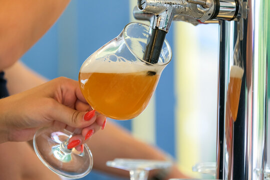 Nahaufnahme: Junge Kellnerin zapft frisches Bier vom Fass in ein Bierglas an der Theke, selektiver Fokus