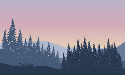 Beautiful Mountain View with the silhouette of pine trees around it in the morning. Vector illustration