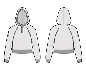 Cropped Hooded Sweater technical fashion illustration with rib neck, raglan sleeves, relax fit, waist length, knit trim. Flat jumper apparel front, back, grey color style. Women, men unisex CAD mockup