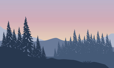 Cool morning atmosphere with views of the mountains and the silhouette of pine trees from the outskirts of the city. Vector illustration