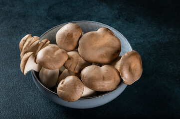 Eringi mushrooms on plate on a dark background. Pleurotus eringi. Vegan food concept. King Oyster Mushroom in a bowl.
