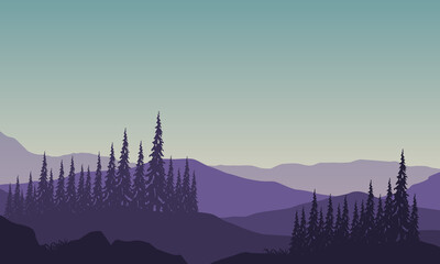 Silhouette view of mountains with realistic forest from the edge of the city in the early morning. Vector illustration