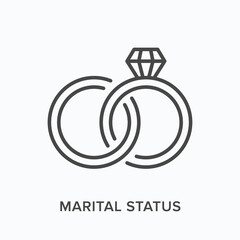 Marital status flat line icon. Vector outline illustration of two rings. Black thin linear pictogram for marriage sign - obrazy, fototapety, plakaty