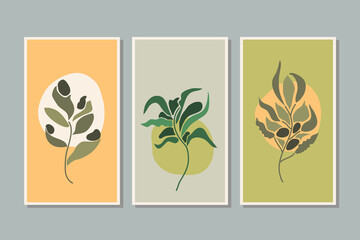 Botanical, foliage, plant, leaf wall art vector set. A foliage line art drawing with abstract shape. Abstract Plant Art design for print, cover, wallpaper, background, Minimal, and natural wallpaper. 