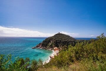 the beautiful bay of the Saracens in Varigotti (in western Liguria), taken from the Pellegrino path that connects Varigotti to Noli